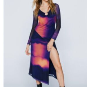 Nasty Gal ombré sunset tie dye print orange and purple midi slit dress